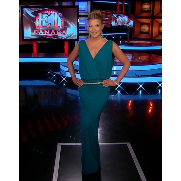 haute hippie Aquamarine Teal Plunging V Grecian Goddess Slit Maxi Gown Dress S M - Picture 2 of 16